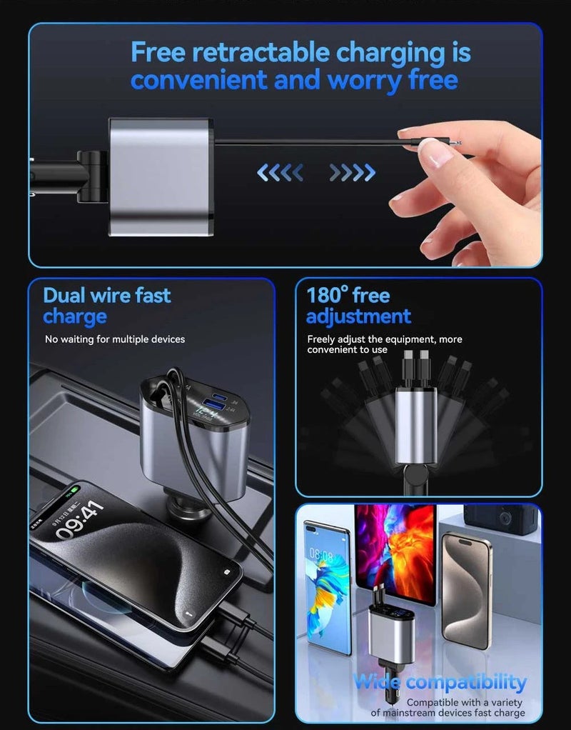 Bluejw USB C Car Charger Fast Charging 4-in-1 Retractable Cable Dual Port Automobile Adapter Compatible with All Phones - Image 5